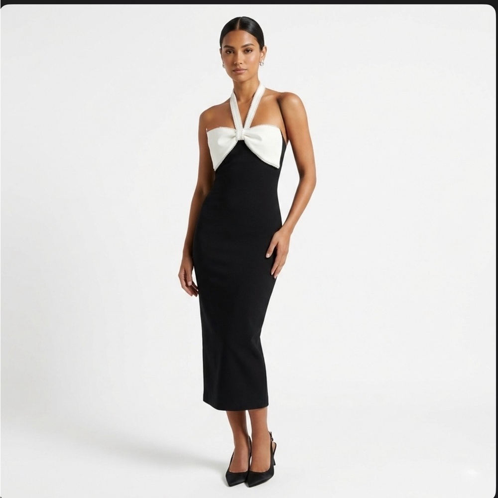 Zara Pearl Bow Halter Midi Dress - Size S
